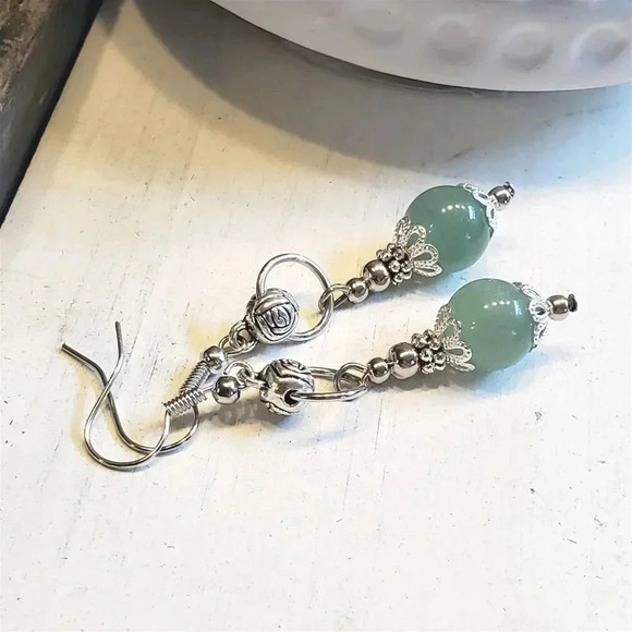 Green Malaysian Jade Gemstone Lacy Trim Silver Carved Rose Handcrafted Earrings - Picture 5 of 10
